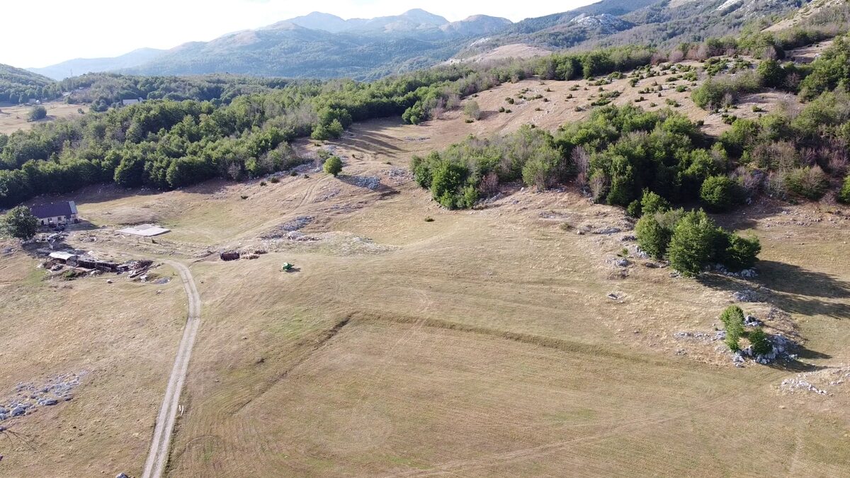 The yard, the farm track and the meadow from above, with the summits beyond.